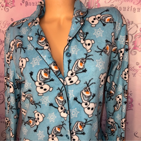 Disney Olaf PJ shirt button up long sleeve fleece soft cozy blue white orange - Picture 2 of 5